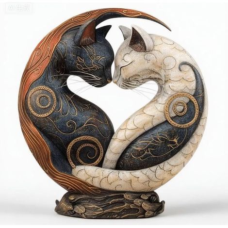 Figurine décorative chat noir et blanc style yin yang, sculpture en résine, objet d’art pour bureau et maison, décoration de table, étagère, salon et espace de travail (1/5)