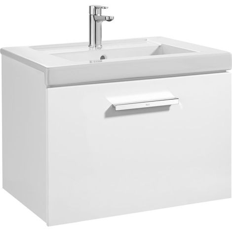 Unik mueble con un cajón + lavabo PRISMA - ROCA Color: Blanco brillo - Medidas: 600x460x450 mm - Posición del lavabo: Central (1/2)