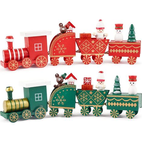 Train De Noël En Bois - 3 Wagons Par Train - Décoration De Table De Fête Et Arbre De Noël - Lot De 2 Pièces (1/5)