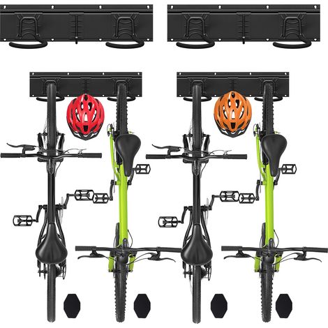 Support Vélos Mural en Métal pour 4 Vélos + 2 Casques Porte de Rangement avec 4 Coussinets Silicone Anti Taches Crochet Fixation Robuste pour Garage Cave Noir (1/5)
