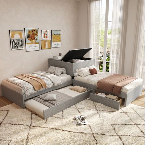 Lit d'angle 90/200 cm gris en lin avec lit gigogne et rangements (1/4)