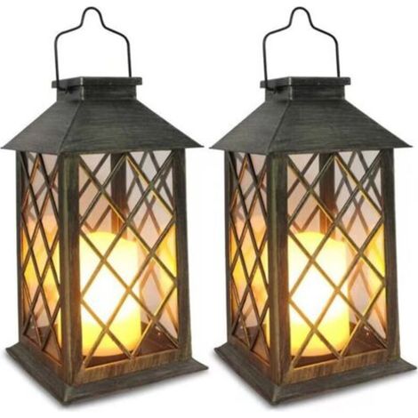 Outdoor Solar Lantern 2 Pieces Solar Lamp with Flickering Candle, Waterproof Solar Table Lamp Outdoor Solar Pendant Lamp for Balcony Garden Terrace Deco - Bronze (1/5)