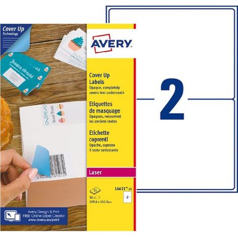 Etiquettes opaques de masquage laser 199,6 x 143,5 mm Avery blanche - Boîte de 50 (1/2)