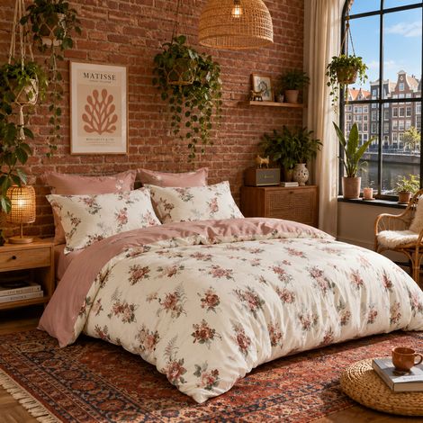 Parure de lit 4 pièces Vintage Rose Floral 100 % satin de coton Housse de couette réversible 200 x 220 cm Drap plat 200 x 230 cm 2 taies d'oreiller 70 x 80 cm (1/5)