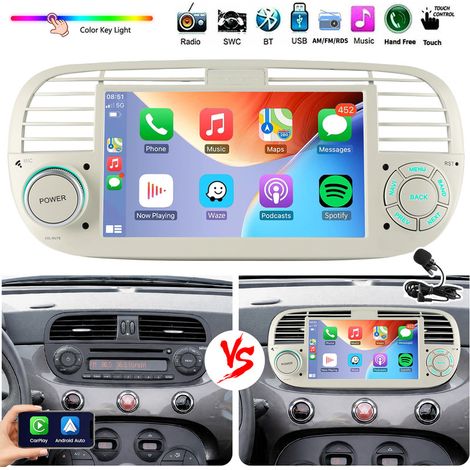 Autoradio Apple CarPlay / Android Auto avec Wi-Fi, RDS, commandes au volant (SWC) et Bluetooth pour Fiat 500 (2007-2015) - MIC (1/5)