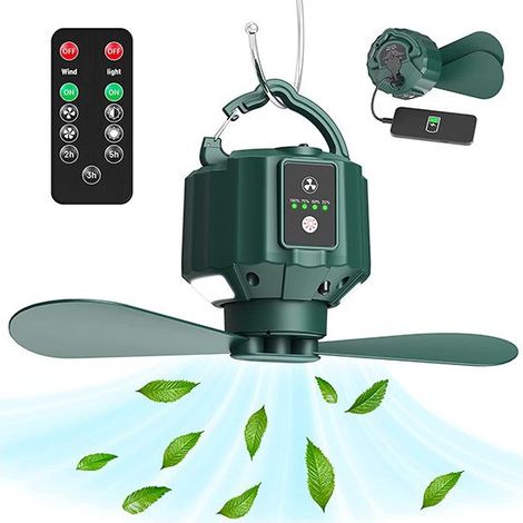 Ventilateur de camping avec lanterne LED, ventilateur rechargeable pour les tentes, télécommande, crochets, pales détachables, minuterie, pour le pique nique, les tentes, l'urgence (1/5)
