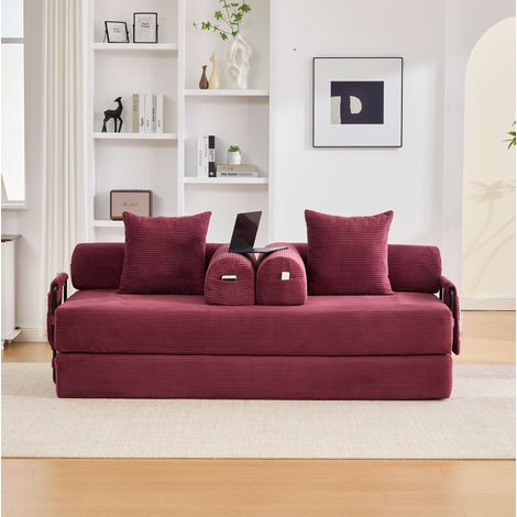 Sofá cama de pana rojo burdeos con estructura metálica, bolsillo lateral y 3 cojines (1/5)