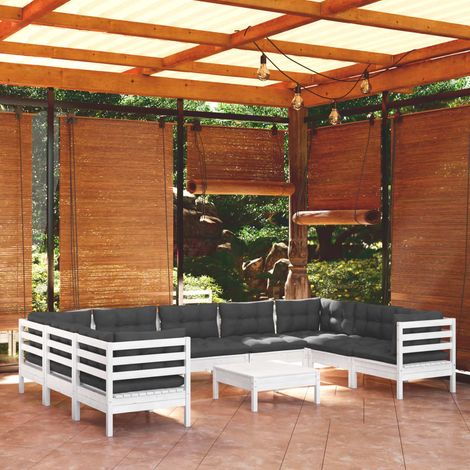 10-tlg. Garten-Lounge-Set mit Kissen Weiß Kiefernholz (1/5)