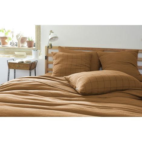 Taie d'oreiller Tissé-teint grands carreaux Déco "Gaïa Match" 60 x 60 cm & 50 x 70 cm "Gaze de Coton" - Gaïa Match Camel - 50 x 70 cm - Gaïa Match Camel - (1/3)