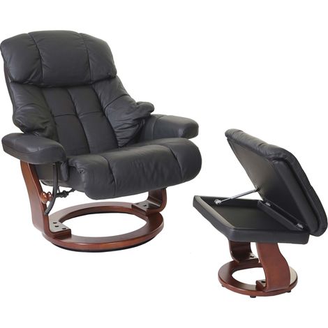 MCA Relaxsessel Windsor XXL, TV-Sessel Hocker, Echtleder 180kg belastbar schwarz, Walnuss-Optik