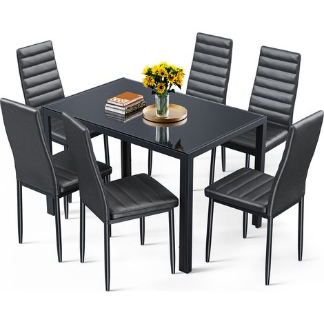 Bealife Esstisch-Set mit 6 Stühlen - Sicherheitsglastisch & PU-Lederstühle mit Metallgestell und schwarzen Gummifüßen (1/5)
