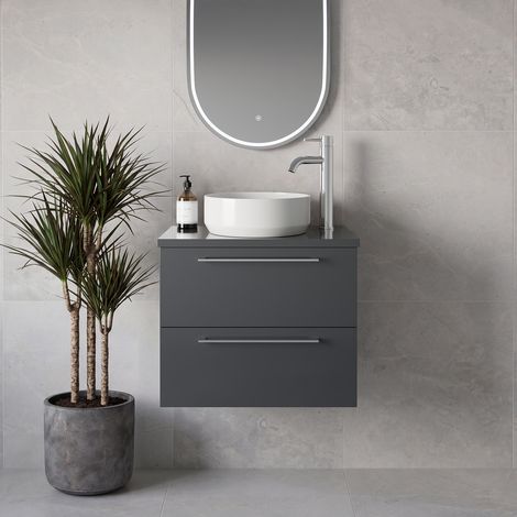 Napoli 390 Gloss Grey 600mm Wall Mounted 2 Drawer Vanity Unit for Countertop Basins - 600mm - Chrome 320mm Handle