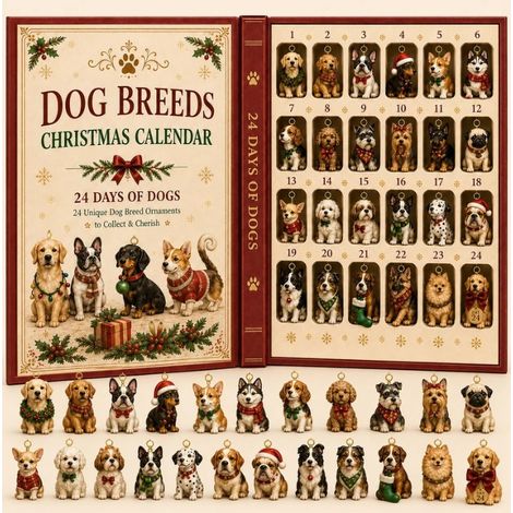 Hunde-Adventskalender 2026 – 24-teilig – weiß, braun, schwarz, rot, grün – Acryl – 28 x 20 cm – verschiedene Hunderassen, Weihnachtsbaumschmuck – geeignet für Weihnachten und als Dekoration für den Wo (1/5)