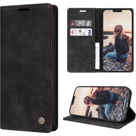 Young Rich Coque pour iPhone 12 / iPhone 12 Pro Rétro Étui en cuir Protection à 360 degrés Fermeture magnétique Anti-chute Noir (1/4)