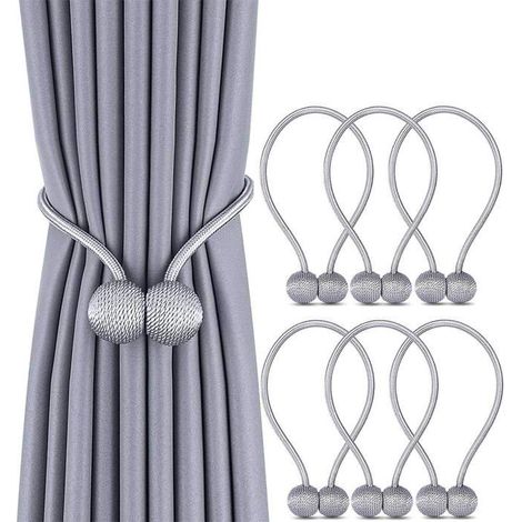 Set of 6 magnetic curtain ties for drapes or home/office decor, tool-free (gray)
