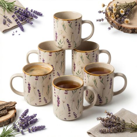 SET DI 6 TAZZE IN CERAMICA 400 ml PER CAFFÈ TÈ FIORI LAVANDA (1/5)