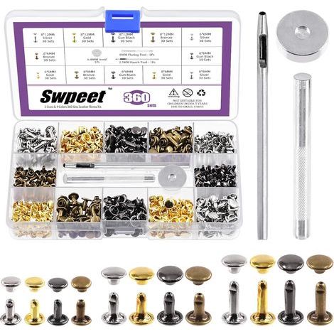 360 ensembles 4 couleurs 6mm 8mm 12mm rivets en cuir à double capuchon avec 3 outils de fixation kit d'assortiment, rivets en cuir à double capuchon tubulaires pour bricolage cuir artisanat (1/5)
