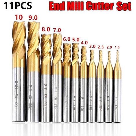 Kit de 11 fraises à 4 dents en acier rapide (HSS) avec revêtement titane, queue de 6 mm, diamètre de 1,5 à 10 mm, pour machines CNC (bricolage, construction et ingénierie). (1/5)