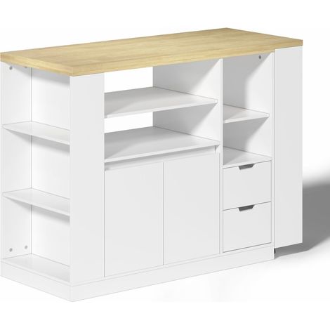 Îlot de cuisine 115 cm meuble de cuisine plan de travail extensible rangement intégré étagères sur trois côtés deux tiroirs bar à (1/4)
