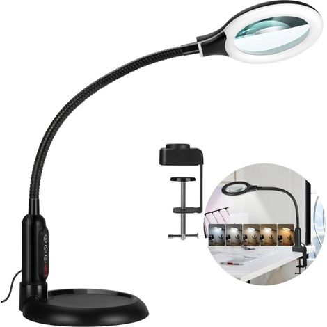 royaluxe -Loupe 5X avec lumière et pince, 5 modes de coul, loupe éclairée à intensité variable en continu avec support, lampe de bureau LED à col de cygne flexible, mains libres pour l'artisanat, la l