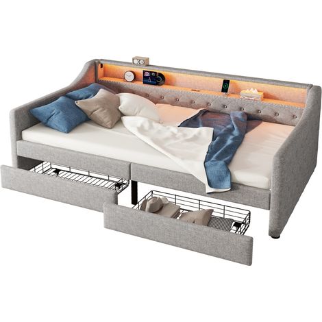 CHICFURN Lit banquette avec LED et deux tiroirs gris 90 x 200 cm (1/5)