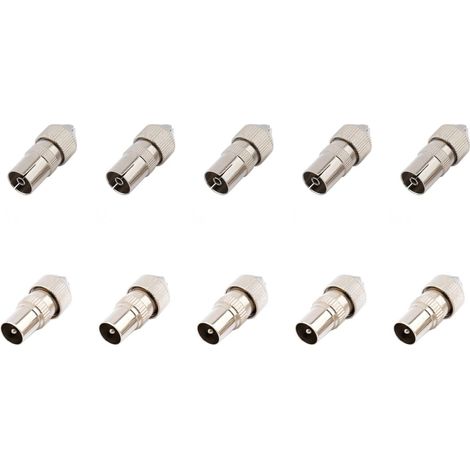 5 paires de fiches coaxiales d'antenne TV en métal, 5 mâles et 5 femelles argentées, adaptateur de connecteur de câble coaxial d'antenne TV pour câble RF, adaptateur coaxial d'antenne TV (1/5)