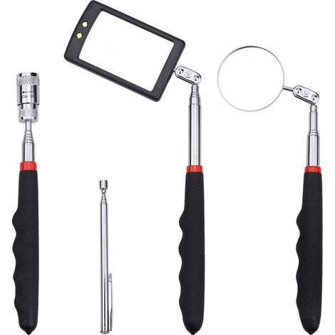Lot de 4 outils d'inspection télescopiques - 1 miroir carré avec éclairage LED et 1 miroir rond 1 bâton magnétique avec éclairage LED et 1 stylo magnétique pour récupérer des objets métalliques (1/5)