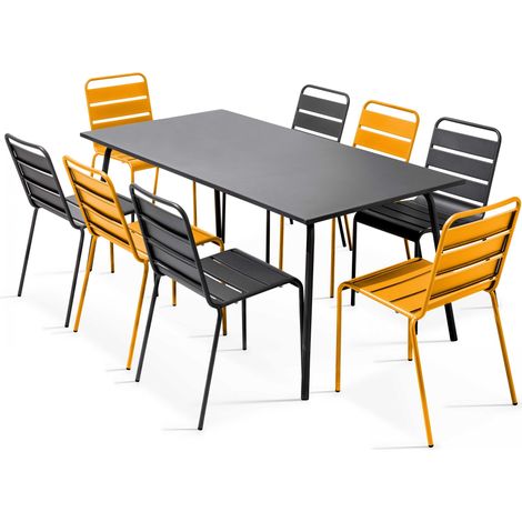Ensemble table de jardin et 8 chaises en métal gris et jaune - Palavas