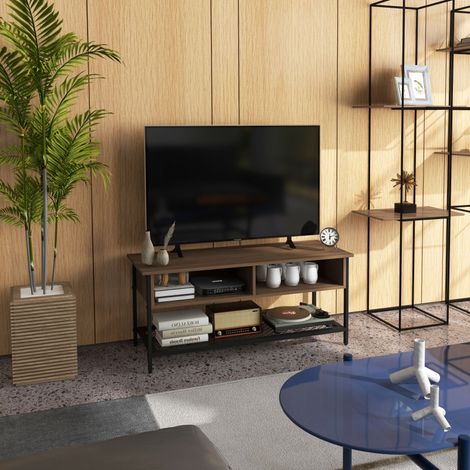 Meuble TV style industriel pour téléviseur jusqu'à 122 cm (48 pouces) en bois et acier, 110 x 40 x 48 cm, marron et noir (1/5)