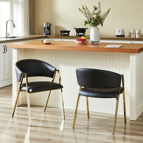 Lot de chaises 2 chaises dossier confortable chaise revêtement en cuir pu noir cadre métal doré style moderne minimaliste dossier (1/5)