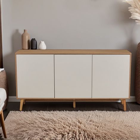 Le Quai Des Affaires – Bahut scandinave 3 portes en chêne blanchi et blanc – Dimensions 154x41x81 cm – Rangement avec tablettes réglables – Pieds en bois massif
