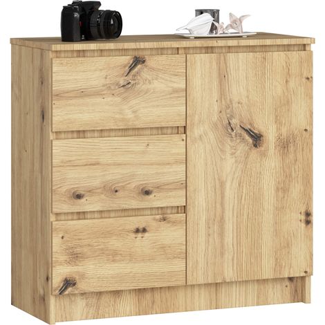 Akord – Commode enfant 80 cm – 1 porte – 3 tiroirs – 2 étagères – Panneau stratifié chêne artisan – Dimensions 80x35x77 cm