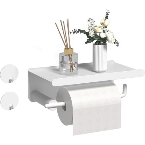 1 - Porte Papier Toilette - Étagère Murale - Acier Inoxydable Auto-Adhésif Sans Perçage Avec Crochets Pour Salle De Bain Cuisine Blanc 25x12cm (1/5)