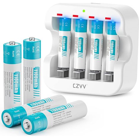 Piles Rechargeables Lithium AAA 1,5V - Haute Capacité 1100mWh 8 Pack avec Chargeur Ultra Rapide 2H - Durée de Vie Ultra Longue, 1300 Cycles, Appareils Ménagers de Bureau, Sortie Constante (1/5)