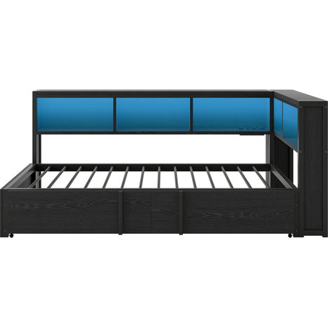 Metall-Relaxbett 90 x 200 cm mit Ausziehbett, Stauraum, LED-Licht und USB-Ports, Schwarz (1/5)