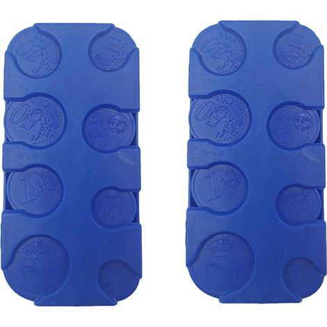 Cajas organizadoras de monedas de 2 piezas, ideales como dispensador o clasificador de monedas, con 8 compartimentos desde 2 euros hasta 1 céntimo, dispensador de monedas para coches y taxis (azul). (1/5)