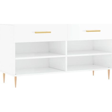Tabouret à chaussures blanc éclatant, 102 x 35 x 55 cm, en bois composite. (1/5)