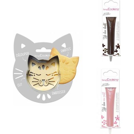 Kit pour biscuit en relief Chat + 2 Stylos au chocolat marron et rose pastel