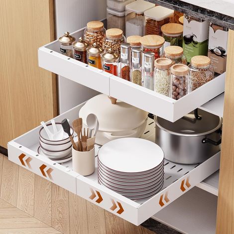 Tiroirs Coulissants Rangement Cuisine,Tiroir Coulissant Placard,Lot de 2 Tiroirs Extensibles Télescopiques pour Armoires de Cuisine,étagères Coulissantes, Largeur Réglable de 43.5-68 CM (1/5)