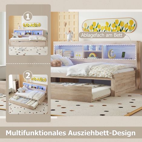 Canapé-lit, méridienne, 90 x 200 cm, avec éclairage LED, compartiment de rangement côté lit, lit gigogne, prise électrique + port USB, matelas non inclus, finition naturelle (1/5)