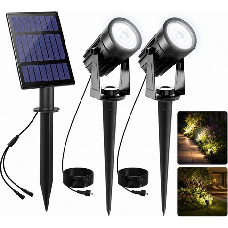 Lampe Solaire Jardin 2 EN 1 6000K Spot Solaire Projecteur IP65 2 Modes Éclairage Arrarbres Chemins Pelouses Terrasses Blanc (1/5)