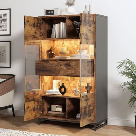 Vitrine salle à manger 80x40x140, rangement généreux Buffet salon, 2 tiroirs, noir finition bois, LED intégrées (1/5)