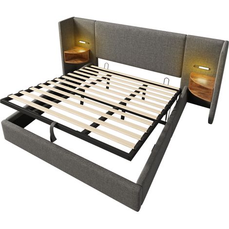 Letto matrimoniale 180x200 in lino grigio con comodino, lampada da lettura e USB Type-C (1/5)