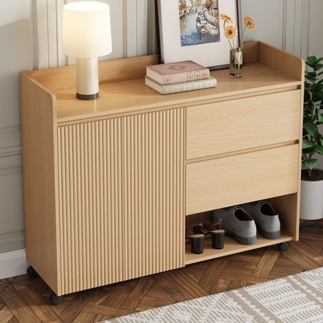 Meuble à chaussures avec 2 Portes, 2 Tiroirs et Niches Ouvertes, avec Roulettes à Frein, en MDF, 110×35×86 cm, Naturel (1/5)