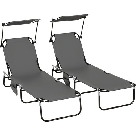 Lot de 2 bains de soleil pliants avec pare-soleil, dossier réglable 5 positions, gris foncé (1/5)