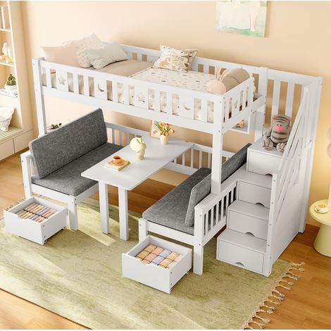 Lit mezzanine 90 x 200 cm multifonction en pin blanc avec bureau, rangements et barrière de sécurité (1/5)
