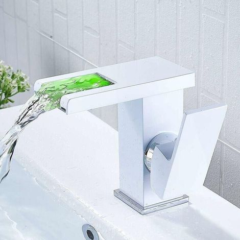 Cascade LED Robinet de salle de bain (Blanc) Cascade Chaud Froid Comptoir Lavabo Lavabo Salle De Bains Robinet