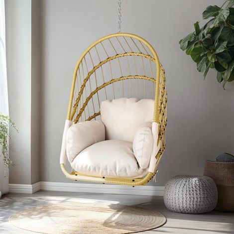 Hängesessel Rattan klappbar mit waschbarem Kissen, 160kg Tragkraft, Beige (1/5)