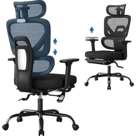 WOLTU Sedia Ufficio Scrivania Ergonomica Reclinabile con Braccioli 3D, Poggiatesta 3D, Supporto Lombare e Poggiapiedi, Nero (1/5)