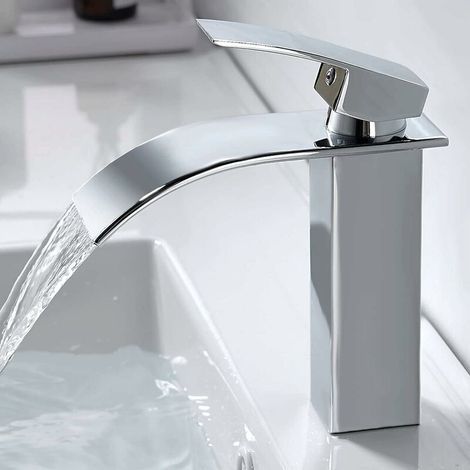 Moderne Robinet Salle de Bain Cascade, Design Elégant Robinet Lavabo Cascade, Mitigeur Salle de Bain en Laiton, Eau Chaude et Froide Disponible, Robinetterie Cascade Chromé G 3/8 (1/4)